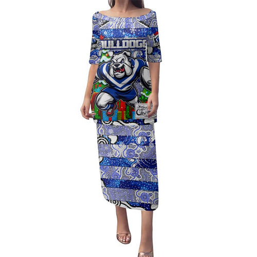 Custom Bulldogs Rugby Merry Christmas Family Matching Puletasi and Hawaiian Shirt Indigenous Australian Art