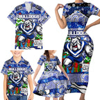 Custom Bulldogs Rugby Merry Christmas Family Matching Short Sleeve Bodycon Dress and Hawaiian Shirt Indigenous Australian Art