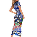 Custom Bulldogs Rugby Merry Christmas Family Matching Short Sleeve Bodycon Dress and Hawaiian Shirt Indigenous Australian Art