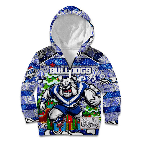 Custom Bulldogs Rugby Merry Christmas Kid Hoodie Indigenous Australian Art