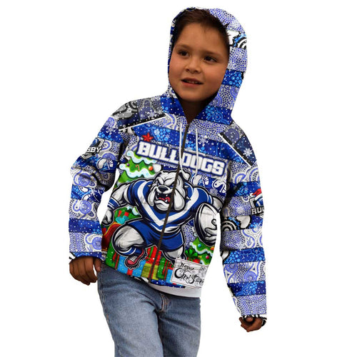 Custom Bulldogs Rugby Merry Christmas Kid Hoodie Indigenous Australian Art