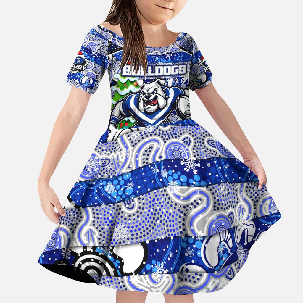 Custom Bulldogs Rugby Merry Christmas Kid Short Sleeve Dress Indigenous Australian Art