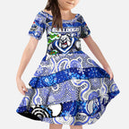 Custom Bulldogs Rugby Merry Christmas Kid Short Sleeve Dress Indigenous Australian Art