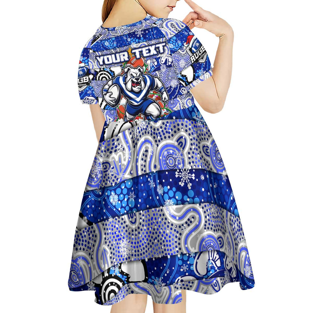 Custom Bulldogs Rugby Merry Christmas Kid Short Sleeve Dress Indigenous Australian Art