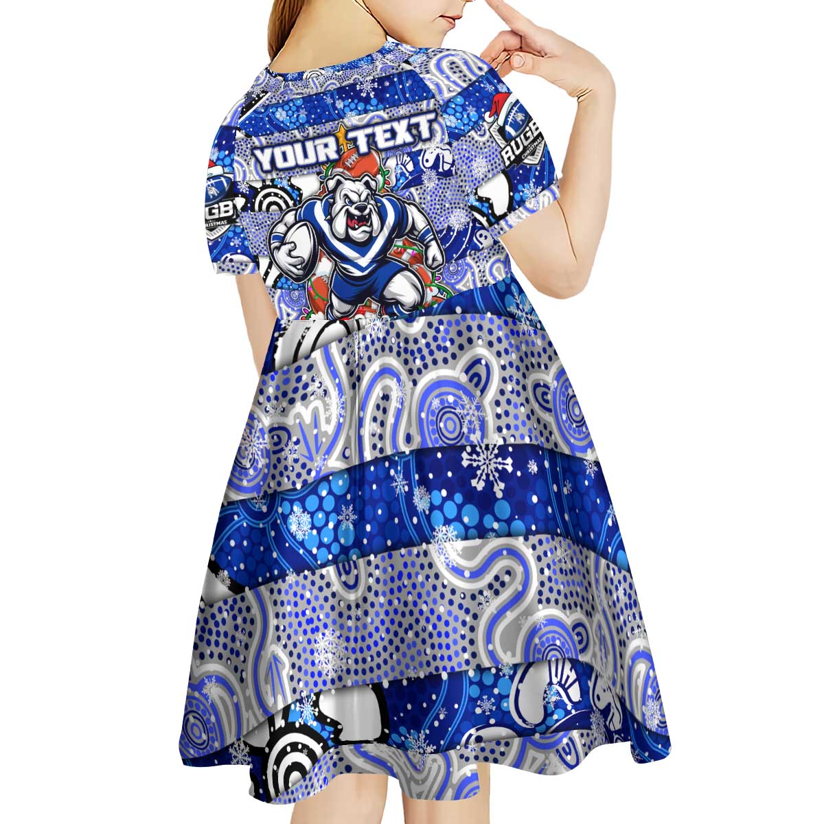 Custom Bulldogs Rugby Merry Christmas Kid Short Sleeve Dress Indigenous Australian Art