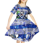 Custom Bulldogs Rugby Merry Christmas Kid Short Sleeve Dress Indigenous Australian Art