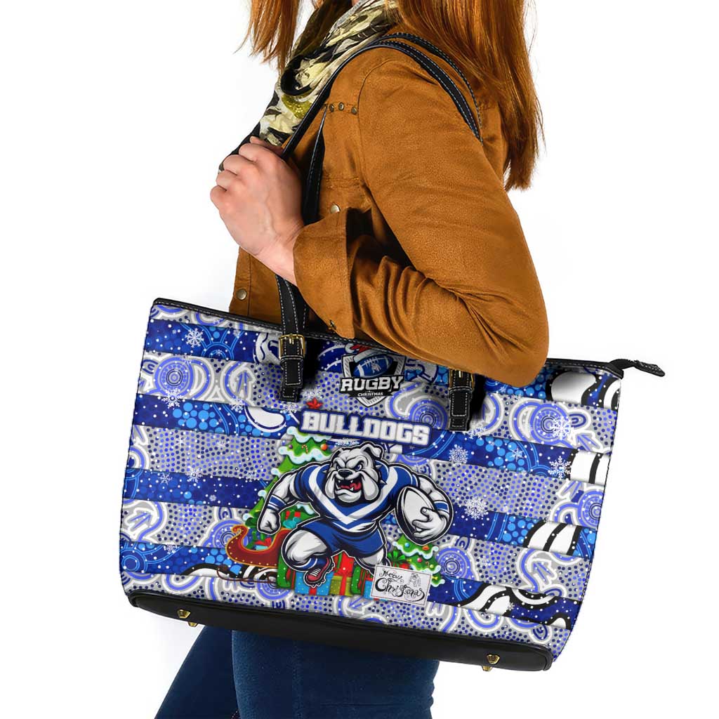 Bulldogs Rugby Merry Christmas Leather Tote Bag Indigenous Australian Art