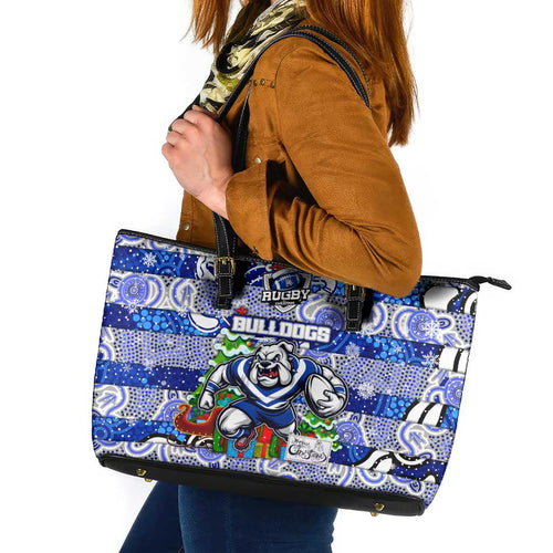 Bulldogs Rugby Merry Christmas Leather Tote Bag Indigenous Australian Art