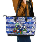 Bulldogs Rugby Merry Christmas Leather Tote Bag Indigenous Australian Art