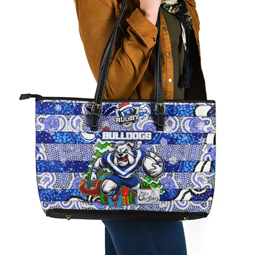 Bulldogs Rugby Merry Christmas Leather Tote Bag Indigenous Australian Art