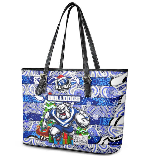 Bulldogs Rugby Merry Christmas Leather Tote Bag Indigenous Australian Art