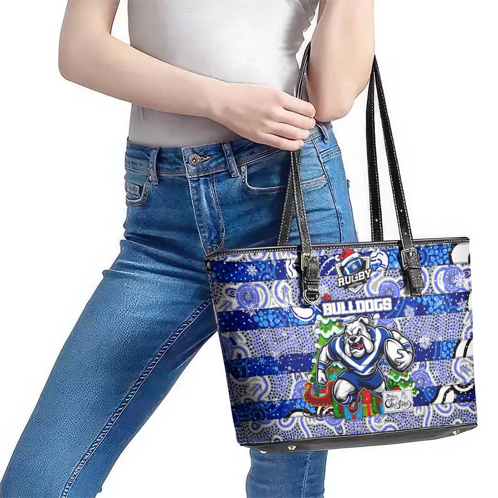 Bulldogs Rugby Merry Christmas Leather Tote Bag Indigenous Australian Art