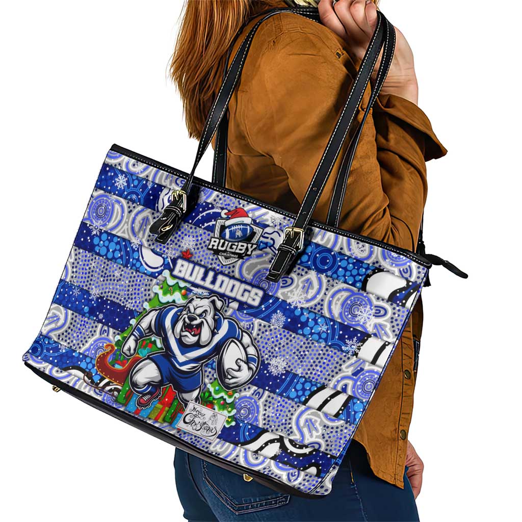 Bulldogs Rugby Merry Christmas Leather Tote Bag Indigenous Australian Art