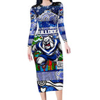 Custom Bulldogs Rugby Merry Christmas Long Sleeve Bodycon Dress Indigenous Australian Art