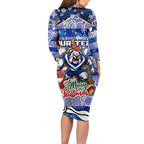 Custom Bulldogs Rugby Merry Christmas Long Sleeve Bodycon Dress Indigenous Australian Art