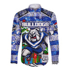 Custom Bulldogs Rugby Merry Christmas Long Sleeve Button Shirt Indigenous Australian Art