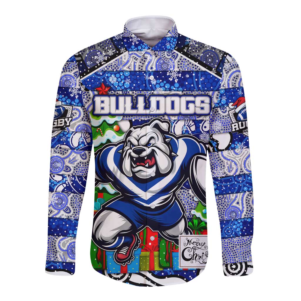 Custom Bulldogs Rugby Merry Christmas Long Sleeve Button Shirt Indigenous Australian Art