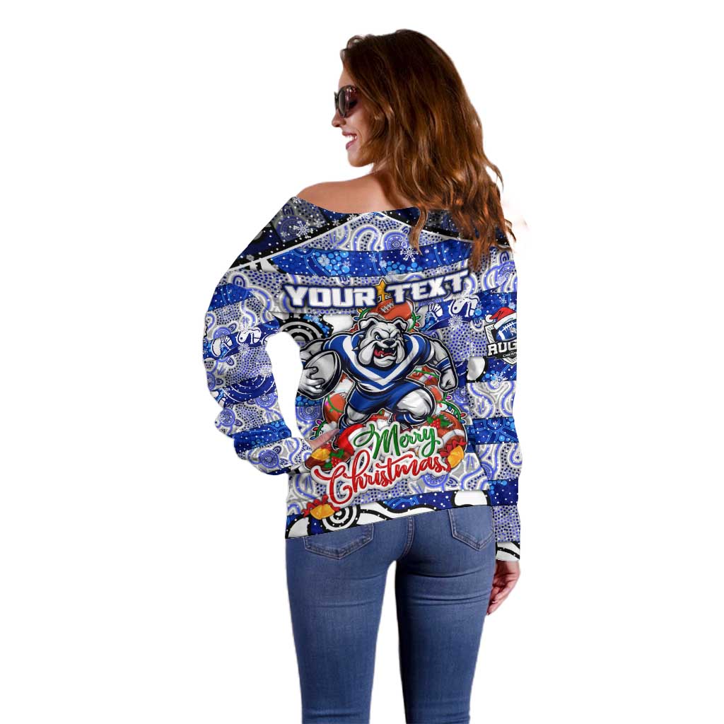 Custom Bulldogs Rugby Merry Christmas Off Shoulder Sweater Indigenous Australian Art