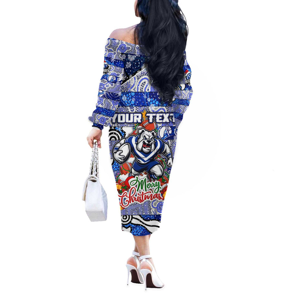 Custom Bulldogs Rugby Merry Christmas Off The Shoulder Long Sleeve Dress Indigenous Australian Art