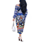 Custom Bulldogs Rugby Merry Christmas Off The Shoulder Long Sleeve Dress Indigenous Australian Art