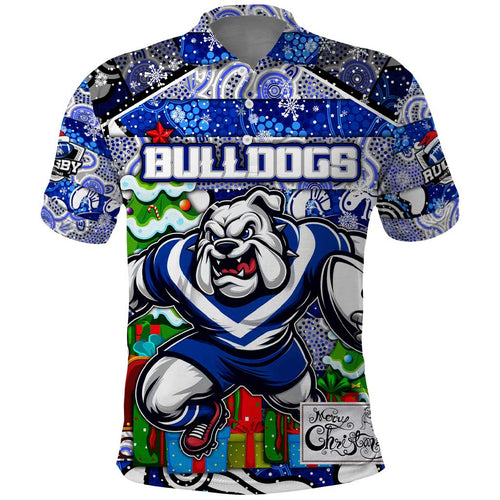 Custom Bulldogs Rugby Merry Christmas Polo Shirt Indigenous Australian Art