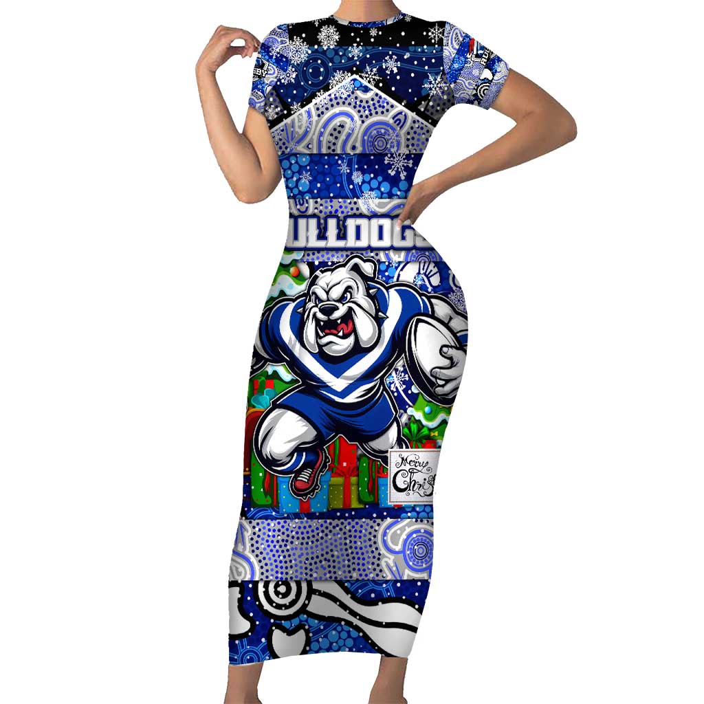Custom Bulldogs Rugby Merry Christmas Short Sleeve Bodycon Dress Indigenous Australian Art