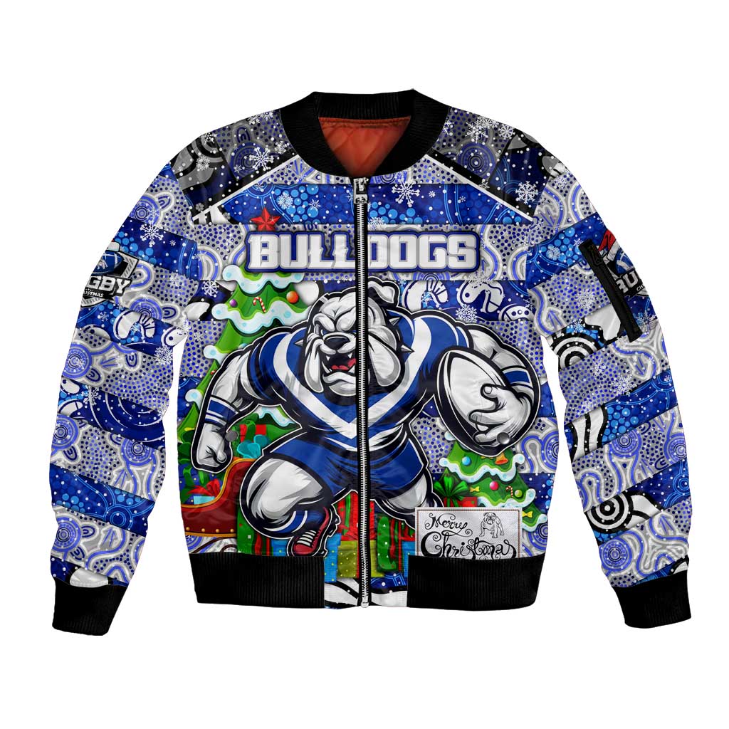 Custom Bulldogs Rugby Merry Christmas Sleeve Zip Bomber Jacket Indigenous Australian Art