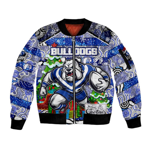 Custom Bulldogs Rugby Merry Christmas Sleeve Zip Bomber Jacket Indigenous Australian Art