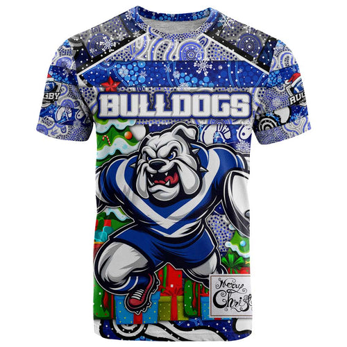 Custom Bulldogs Rugby Merry Christmas T Shirt Indigenous Australian Art