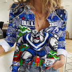 Custom Bulldogs Rugby Merry Christmas Women Casual Shirt Indigenous Australian Art