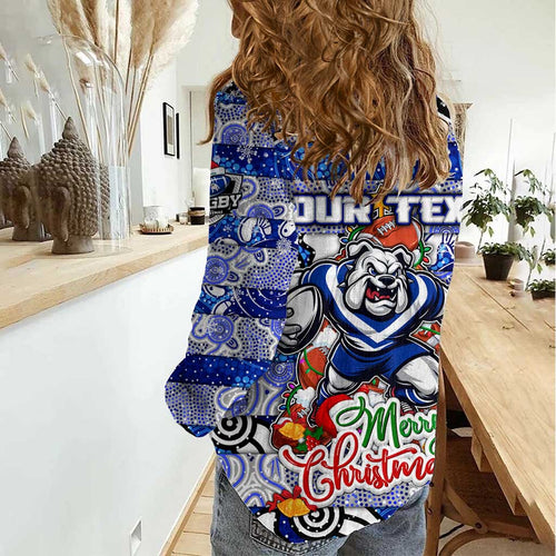 Custom Bulldogs Rugby Merry Christmas Women Casual Shirt Indigenous Australian Art
