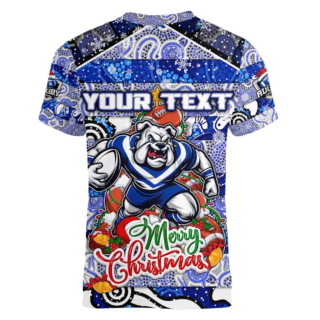Custom Bulldogs Rugby Merry Christmas Women V-Neck T-Shirt Indigenous Australian Art
