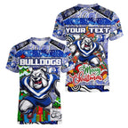 Custom Bulldogs Rugby Merry Christmas Women V-Neck T-Shirt Indigenous Australian Art