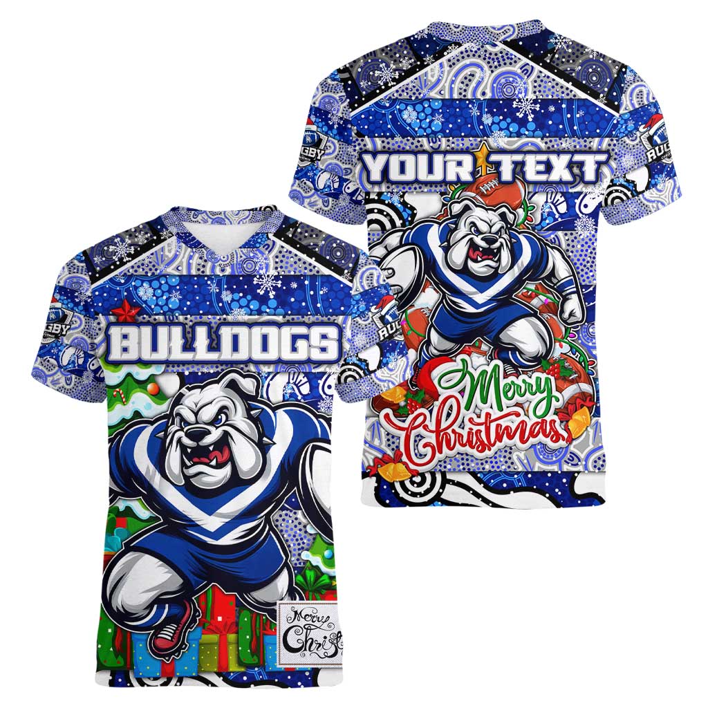 Custom Bulldogs Rugby Merry Christmas Women V-Neck T-Shirt Indigenous Australian Art