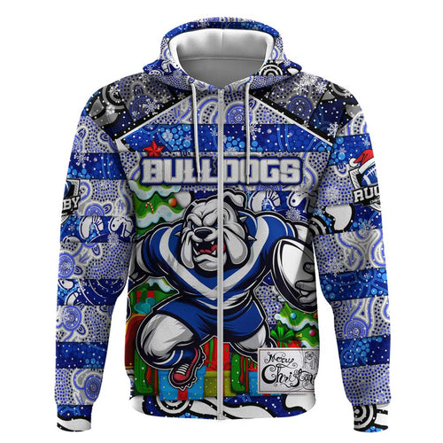 Custom Bulldogs Rugby Merry Christmas Zip Hoodie Indigenous Australian Art