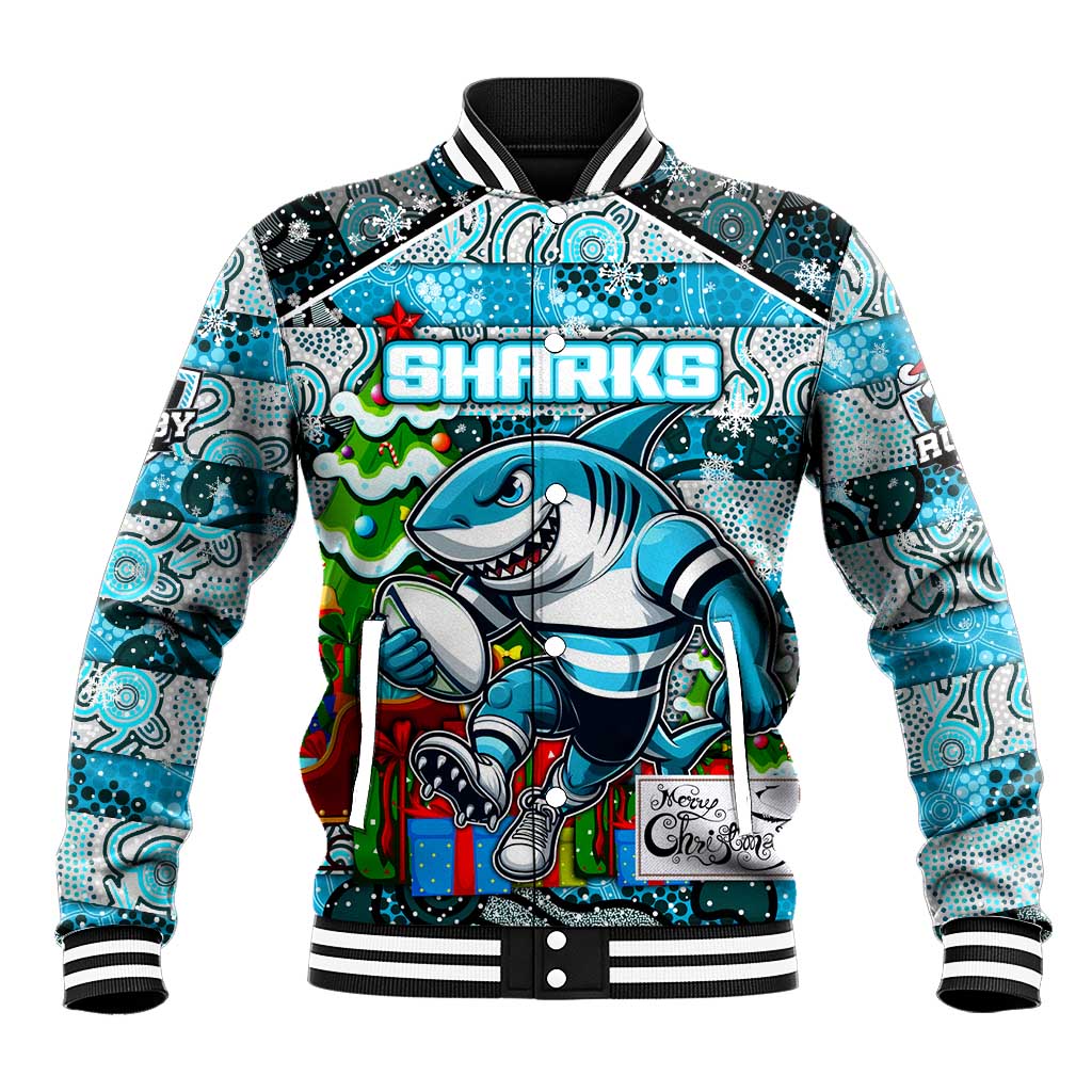 Custom Sharks Rugby Merry Christmas Baseball Jacket Indigenous Australian Art