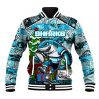 Custom Sharks Rugby Merry Christmas Baseball Jacket Indigenous Australian Art