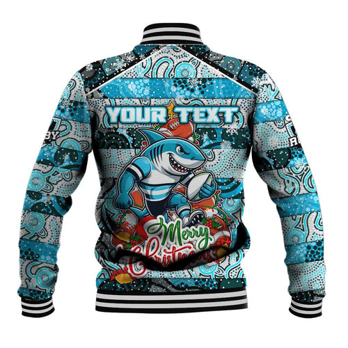 Custom Sharks Rugby Merry Christmas Baseball Jacket Indigenous Australian Art