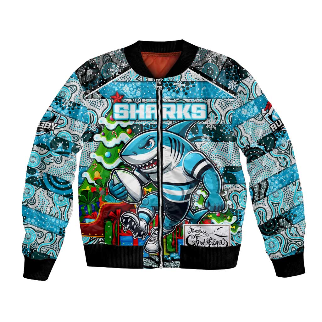 Custom Sharks Rugby Merry Christmas Bomber Jacket Indigenous Australian Art