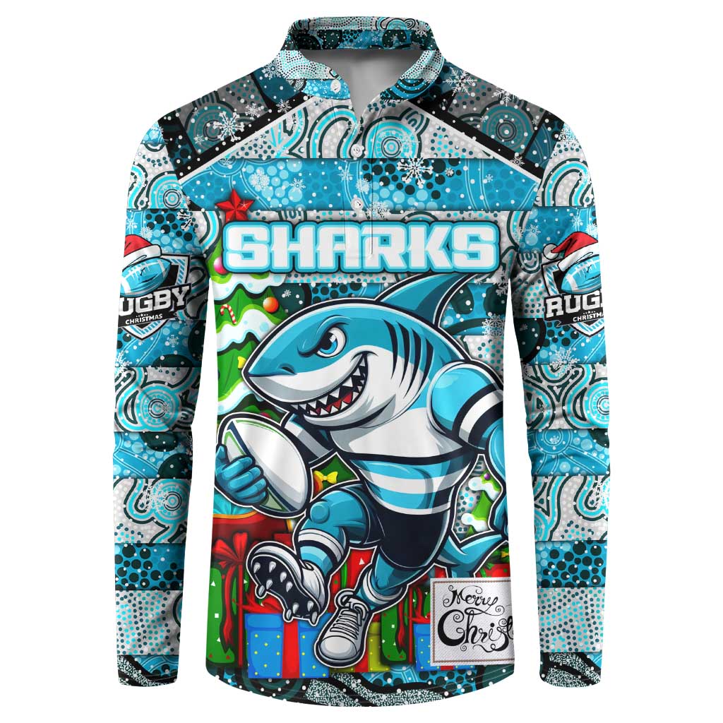 Custom Sharks Rugby Merry Christmas Button Sweatshirt Indigenous Australian Art