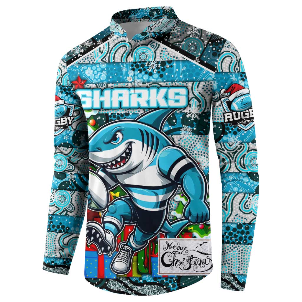 Custom Sharks Rugby Merry Christmas Button Sweatshirt Indigenous Australian Art