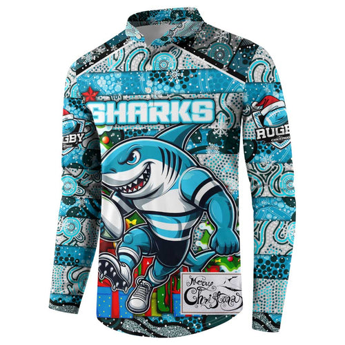 Custom Sharks Rugby Merry Christmas Button Sweatshirt Indigenous Australian Art