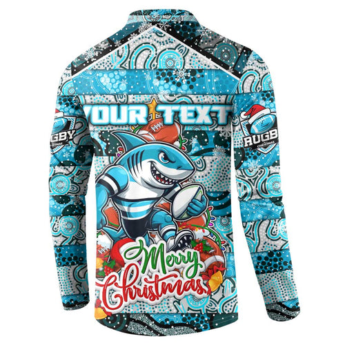 Custom Sharks Rugby Merry Christmas Button Sweatshirt Indigenous Australian Art