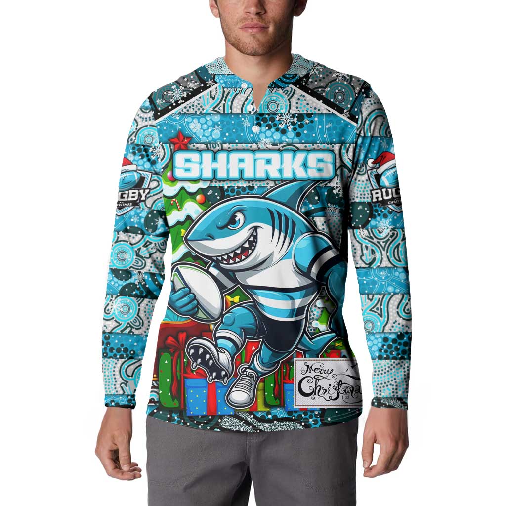 Custom Sharks Rugby Merry Christmas Button Sweatshirt Indigenous Australian Art