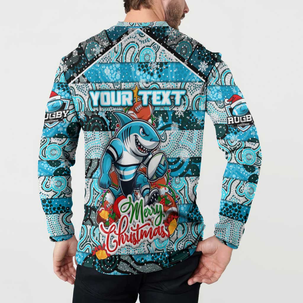 Custom Sharks Rugby Merry Christmas Button Sweatshirt Indigenous Australian Art