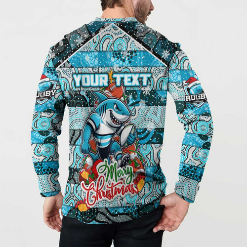 Custom Sharks Rugby Merry Christmas Button Sweatshirt Indigenous Australian Art