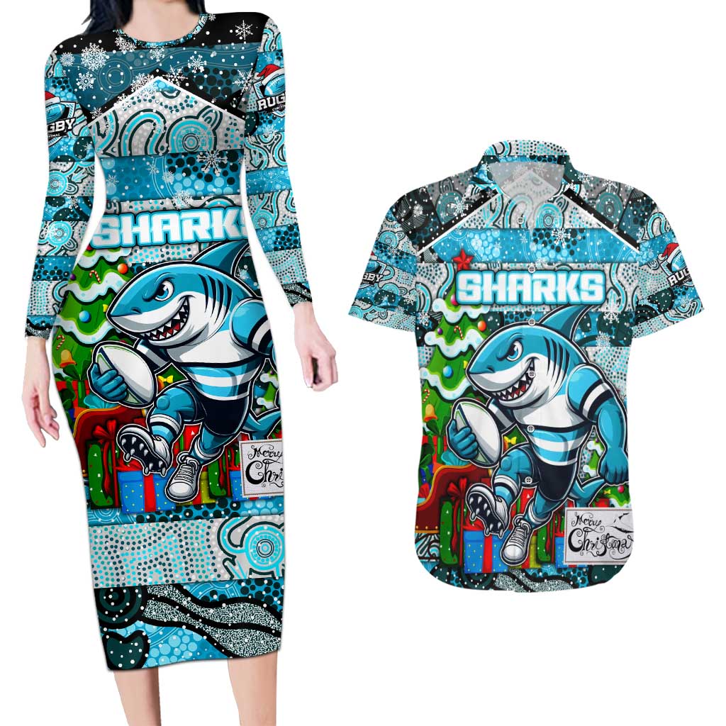 Custom Sharks Rugby Merry Christmas Couples Matching Long Sleeve Bodycon Dress and Hawaiian Shirt Indigenous Australian Art