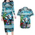 Custom Sharks Rugby Merry Christmas Couples Matching Long Sleeve Bodycon Dress and Hawaiian Shirt Indigenous Australian Art