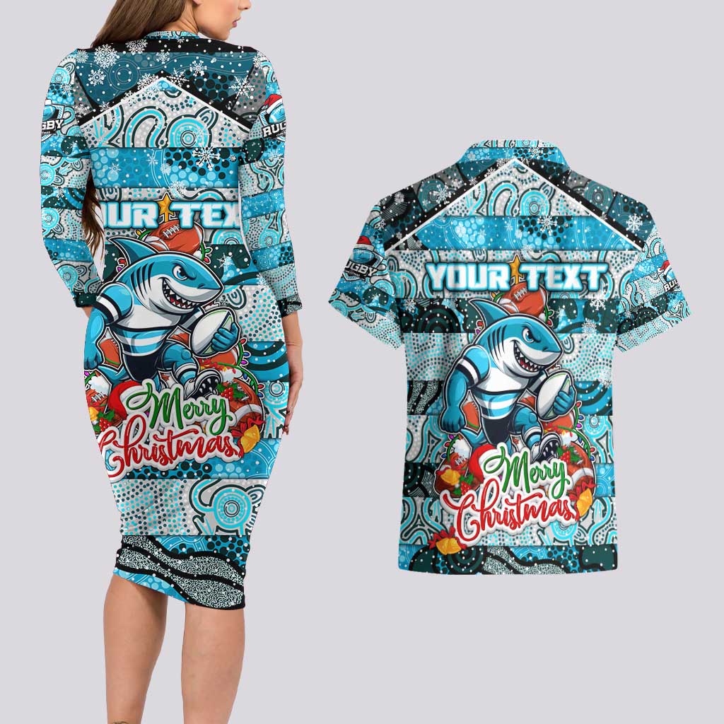 Custom Sharks Rugby Merry Christmas Couples Matching Long Sleeve Bodycon Dress and Hawaiian Shirt Indigenous Australian Art