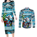 Custom Sharks Rugby Merry Christmas Couples Matching Long Sleeve Bodycon Dress and Long Sleeve Button Shirt Indigenous Australian Art